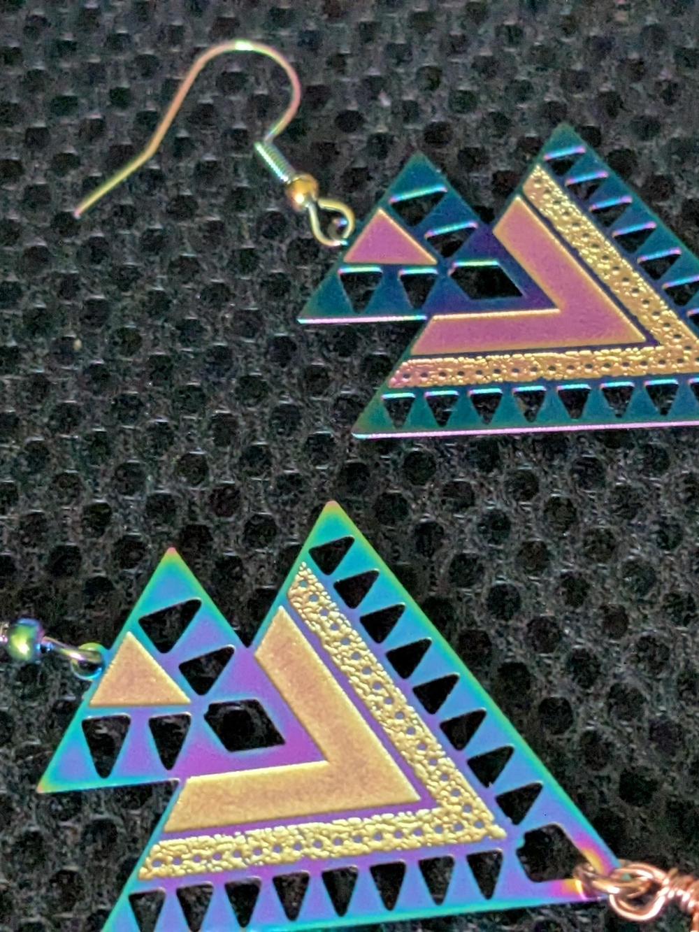 Holographic Mirror Blue & Purple Geometric Tribal Dangle Earrings - Picture 3 of 6